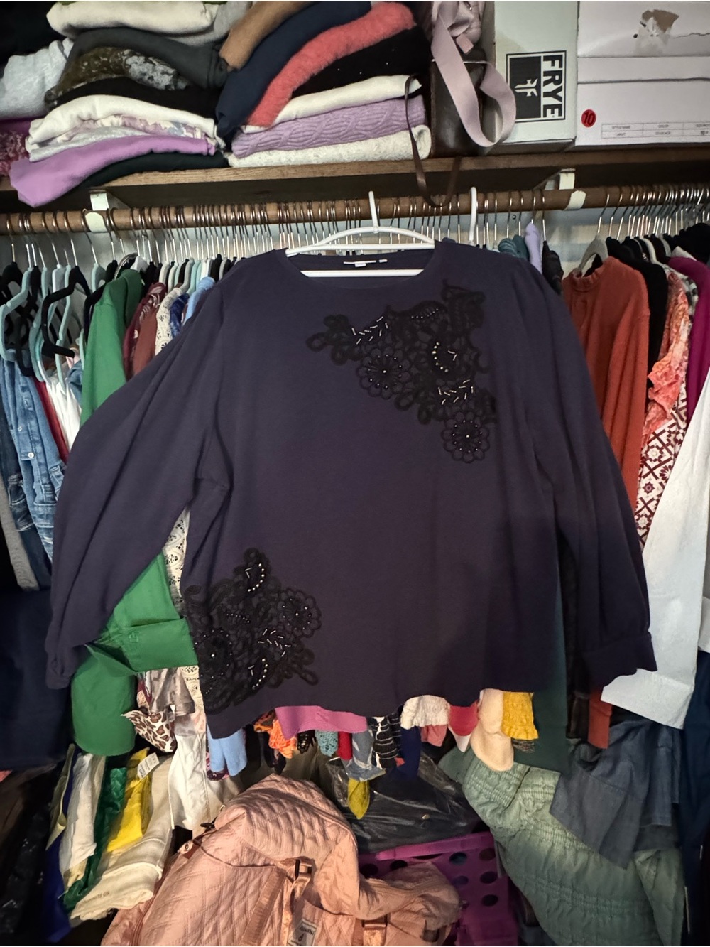 Chico's Purple Embellished Floral Appliqué Long-Sleeve Top